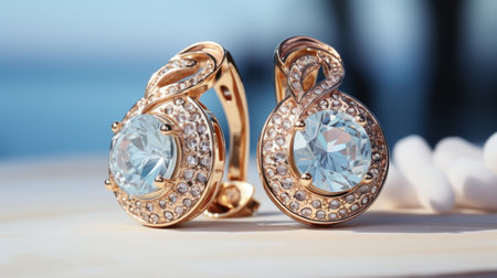 Luxury earrings with precious stones outdoor shot with bokeh effect. Luxury  Beautiful exclusive earrings with diamonds with evening soft light , macro shot. 3D illustration of gold earrings.の素材