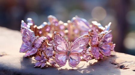 Luxury beautiful ring, macro shot. Stylish gold ring on a table with bokeh effect.  3D illustration of gold ring with lilac butterflies in design. Beautiful jewelry with exclusive designの素材