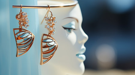 Luxury earrings with precious stones outdoor shot with bokeh effect. Luxury  Beautiful exclusive earrings with diamonds with evening soft light , macro shot. 3D illustration of gold earrings.の素材