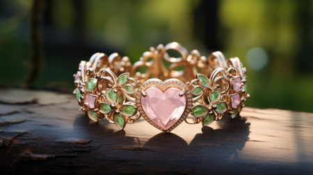 Beautiful jewelry ring with pink hearts on green background. Luxury gold jewelry by handmade. Fashion gold ring with flowers on a green plants  background. 3D illustration of women gold accessoriesの素材
