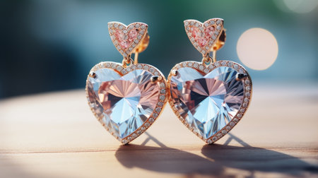 Luxury earrings with precious stones outdoor shot with bokeh effect. Luxury  Beautiful exclusive earrings with diamonds with evening soft light , macro shot. 3D illustration of gold earrings.の素材