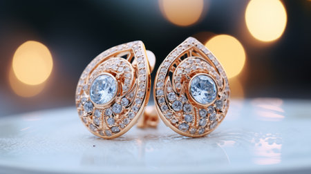 Luxury earrings with precious stones outdoor shot with bokeh effect. Luxury  Beautiful exclusive earrings with diamonds with evening soft light , macro shot. 3D illustration of gold earrings.の素材