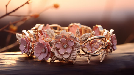 Beautiful jewelry gold ring with pink flowers,  outdoor. Luxury gold jewelry by handmade. Macro shot of stylish gold ring, while morning sunrise background. 3D illustration of women gold accessoriesの素材
