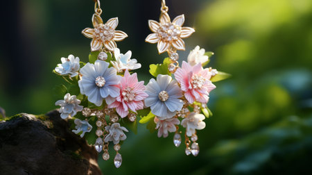 Beautiful jewelry earrings with flowers - green background. Luxury gold jewelry by handmade. Fashion gold earrings with flowers on a green plants  background. 3D illustration of women gold accessoriesの素材