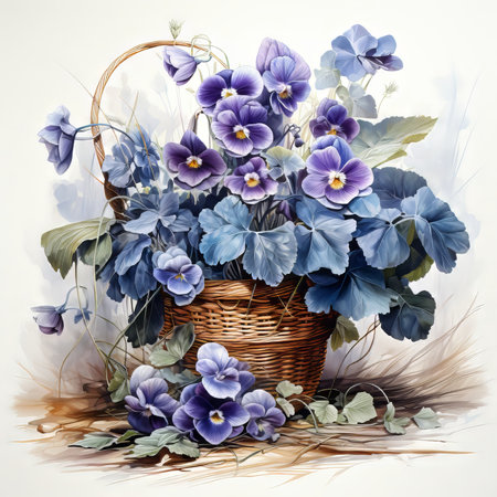 Illustration of a basket of blue and purple flowers on a white background. Beautiful modern still life drawing of flowers in a beautiful basket. Hydrangea flowers in a basket with green leaves.の素材