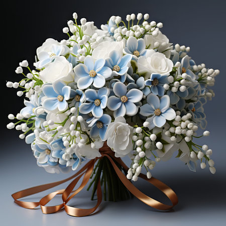 Vase with blue and white flowers in the studio on a dark background. Beautiful modern still life of flowers in a beautiful vase on a stylish table in a dark interior. Small Hydrangea flowers in a vaseの素材