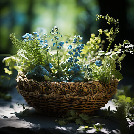 Beautiful Bluebells in a basket standing on a blurred background in the forest. Bouquet of fresh Bluebells flowers  in a basket on a big rock. Art composition of fresh Bluebells in a basket outdoors.の素材