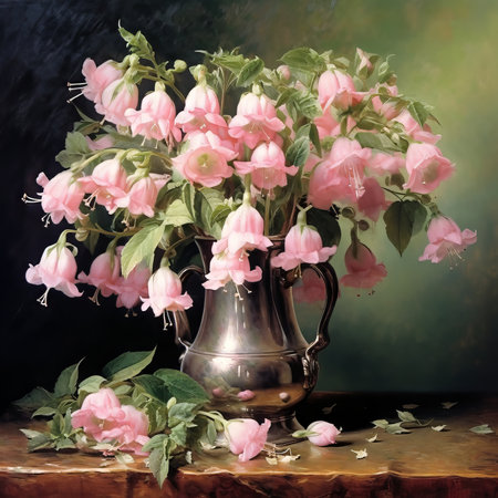 Beautiful still life of field flowers in a vintage glass jar on a wooden table in a rustic wooden interior. Illustration of colorful spring wildflowers bunch in jar with water against a dark wall.の素材