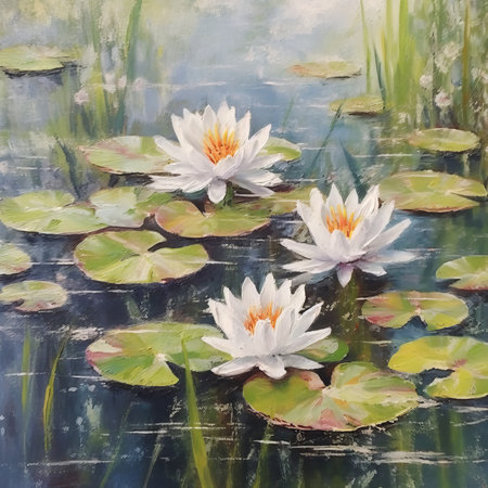 Illustration of a big pond with lilypads and flowers in a forest. Watercolor painting of a beautiful pond with blooming lily pads. Detailed picture of white and pink lily pads in a pond on a sunny dayの素材