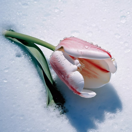Beautiful white and red tulip on a white background with drops of water. Wet white and pink tulip laying on a white background in the studio. Bright tulip with drops of water on it.の素材