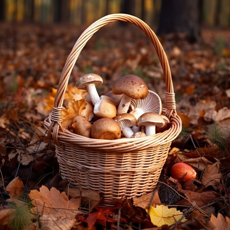 Full basket of edible boletus mushrooms in the forest. Basket of beautiful white cultivated mushrooms on a blurred forest background. Beautiful Penny Bun mushrooms in autum forest with yellow leaves.の素材