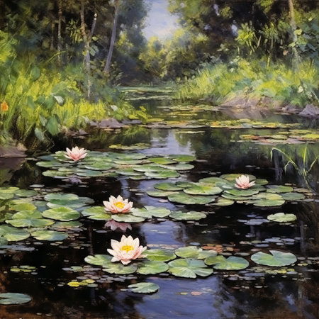 Illustration of a big pond with lilypads and flowers in a forest. Watercolor painting of a beautiful pond with blooming lily pads. Detailed picture of white and pink lily pads in a pond on a sunny dayの素材