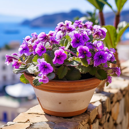 Big clay pot of purple flowers outdoors on a blurred background. Beautiful modern still life of flowers in a beautiful pot on a stylish table outdoors. Hydrangea flowers in a designed orange clay pot.の素材