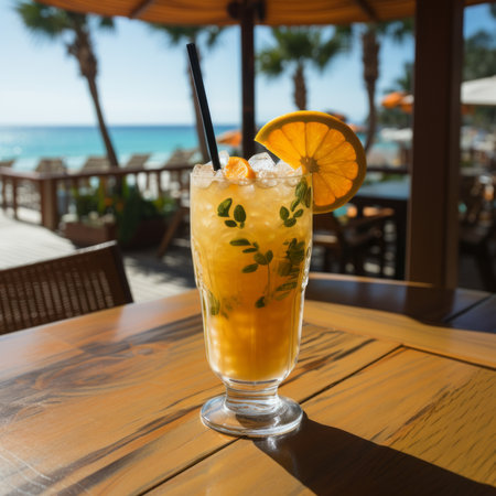 Refreshing orange juice drink on the background of the tropical nature. Glass of Refreshing cold lemon drink composition on a bright summer day. Travel resort with cold tasty drinksの素材