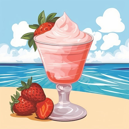 Illustration of a pink ice cream with fruits in a dessert glass on the background of the blue sea. Beautiful art illustration composition of ice cream and tropical fruits on the background of a beach.の素材