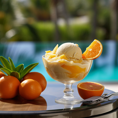 Plain white Ice cream in a dessert glass on the background of a blue sea. Beautiful composition of ice cream on a sunny summer day. Concept of travel and sweet food.の素材