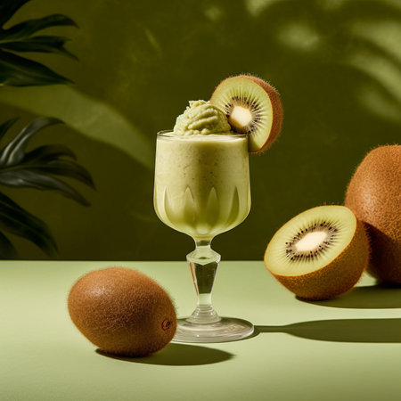 Kiwi Ice cream in a dessert glass in a studio with a yellow background with mango leaves. Beautiful composition of a kiwi ice cream on the green background. Food photography.の素材
