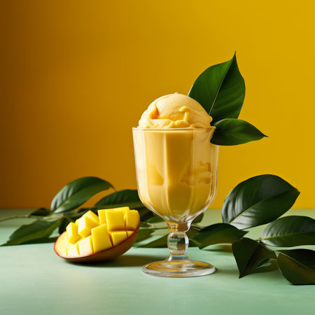 Mango Ice cream in a dessert glass in a studio with a yellow background with mango leaves. Beautiful composition of a fruit ice cream on the orange background. Food photography.の素材