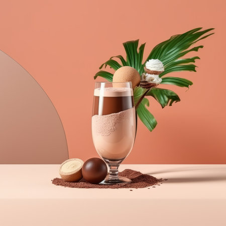 Stylish chocolate Ice cream in a dessert glass in a studio with a chocolate background with palm branches. Beautiful composition of ice cream on the brown background. Food photography.の素材