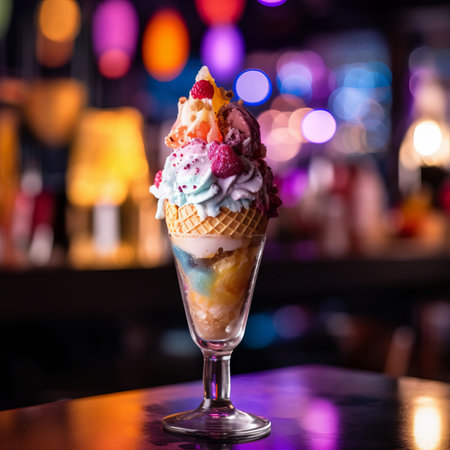 Multifruit ice cream in a dessert glass on the background of a nightclub. Beautiful composition of sweet fruit ice cream scoops in a restaurant at night. Food photography, AI generated.の素材