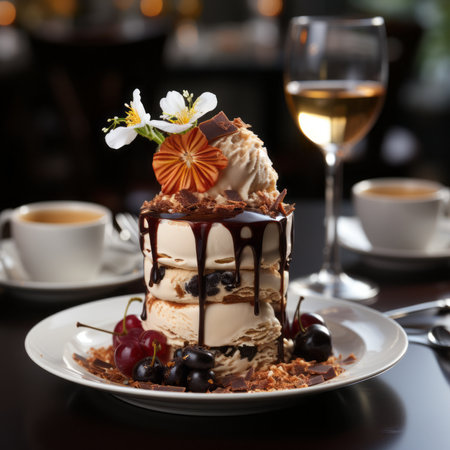 Chocolate Ice cream in a beautiful desert glass on the background of a luxury interior with dark decor. Ice cream scoops in a crystal bowl standing in a luxury restaurant.の素材