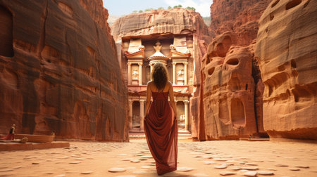 Beautiful woman standing next to Al-Khazneh on a beautiful summer day. Jordan's rock-cut tombs in the desert of Petra with an attractive caucasian tourist. Tourist destination.の素材