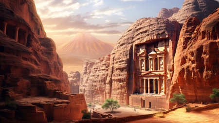 Al-Khazneh on a beautiful summer day. Jordan's rock-cut tombs in the desert of Petra is a popular Traveling destination, an ancient city of the world. Tourist destination.の素材