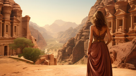 Beautiful woman standing next to Al-Khazneh on a beautiful summer day. Jordan's rock-cut tombs in the desert of Petra with an attractive caucasian tourist. Tourist destination.の素材