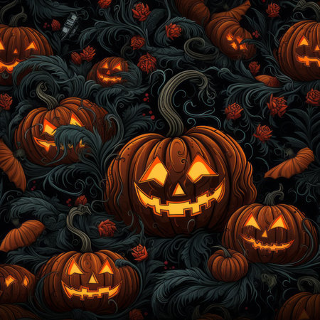 Halloween pumpkins with scary faces on dark background. Illustration of halloween scary pumpkins with glowing eyes and grin angry smile, at night. Pattern for design. Halloween Holiday art conceptの素材