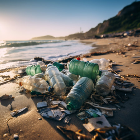 Plastic bottles on the beach at sunset. Pollution concept. Water contamination with plastic junk. Destruction of the environment with bad recycling. Plastic bottles flooding to shore, closeup shot.の素材