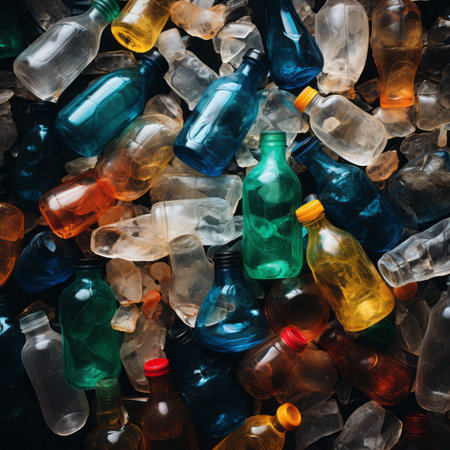 Pile of old plastic bottles as a background. Recycling and environmental pollution concept. Close-up shot of loads of used dirty plastic bottles. Stack of filthy used plastic cans on a landfill.の素材