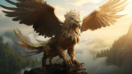 Art of a myth monster, Griffin, Half lion, half Eagle. Fierce flying Greek monster. Illustration of a fantasy Greek animal. Art of a mythological mythical Greek creature.の素材