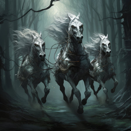 Art of the scary Greek pegusus. Painting of the Underworld, hell in ancient Rome. Home of Hades. Illustration of a fantasy world. Art of a mythological mythical Greek horse.の素材