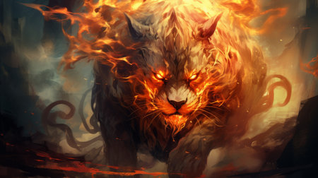 Echidna an ancient fire breathing lion, monster causes chaos and destruction. Illustration of a deadly monster. Fantasy art of a mythological Greek demon, Echidna.の素材