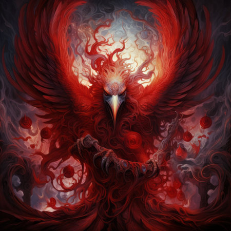 Art of a beautiful red bird phoenix. Beautiful flame bird phoenix. Illustration of a fantasy Greek animal. Art of a mythological mythical Greek creature.の素材