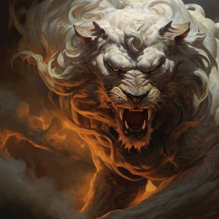 Echidna an ancient fire breathing lion, monster causes chaos and destruction. Illustration of a deadly monster. Fantasy art of a mythological Greek demon, Echidna.の素材