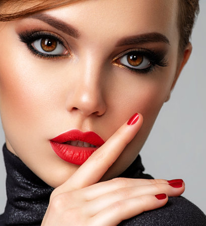 Beautiful brunette girl with red lips and short, slick hair. Pretty young sensual woman with red nails. Closeup portrait of a model with bright makeup on a face. Attractive female posing at studio.の写真素材
