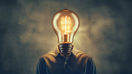 Man with a lightbulb instead of his head. Concept of a good idea. Bright thoughts and ideas concept. 3d render of a light bulb instead of a head. Guy with a glowing lamp that represents thought.の素材