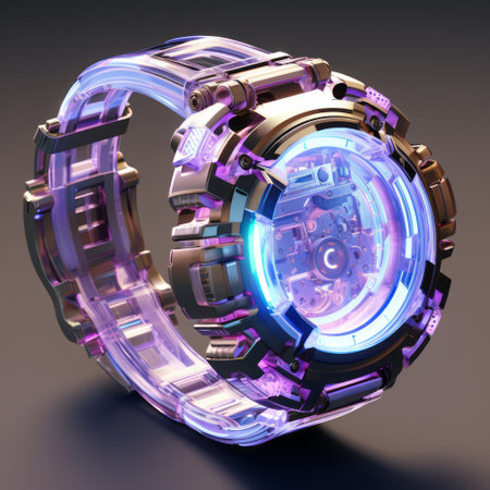 Concept 3d render of a futuristic watch on a dark background. Design of a Neon glowing modern wristwatch. Fantasy Future Ai generated male's watch, with bright colors and lights.の素材