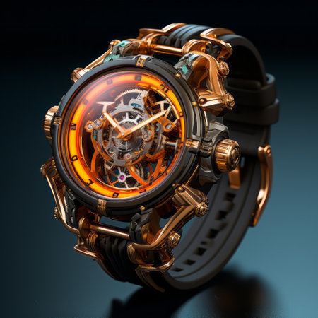 Concept 3d render of a futuristic watch on a dark background. Design of a Neon glowing modern wristwatch. Fantasy Future Ai generated male's watch, with bright colors and lights.の素材