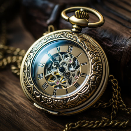 Luxurious golden pocket watch. 3d render. Concept render of a luxury golden watch with a gorgeous design. Macro shot of a  Male's pocket watch, with a complex pattern and expensive gems. Ai generated.の素材