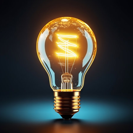 Yellow lightbulb closeup. 3D render of a light bulb that illuminates with warm light. Idea concept. The symbol for a new bright idea. Conceptual render of a lamp with a custom design and vivid light.の素材