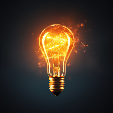 Yellow lightbulb closeup. 3D render of a light bulb that illuminates with warm light. Idea concept. The symbol for a new bright idea. Conceptual render of a lamp with a custom design and vivid light.の素材