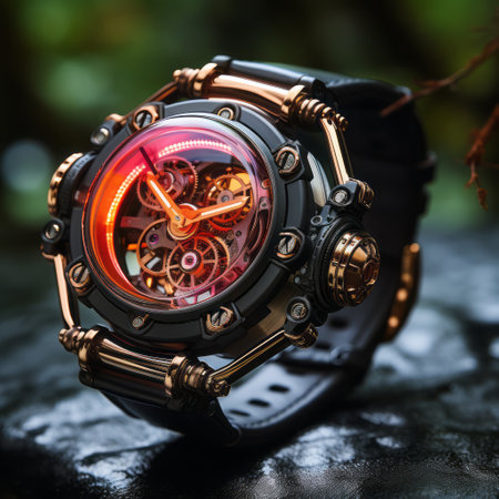 Concept 3d render of a futuristic watch on a dark background. Design of a Neon glowing modern wristwatch. Fantasy Future Ai generated male's watch, with bright colors and lights.の素材