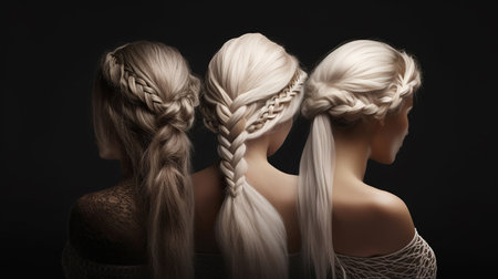 Collage of beautiful long braided blonde hair. Hairdresser salon concept. White Braided hairstyle. Collage of Women with long creative hairstyle.  AI generatedの素材