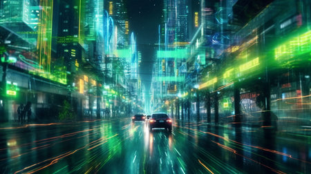 Night city with illuminated skyscrapers and highways. Futuristic city street at night with bright neon lights. Future city concept - AI generated 3d render.の素材