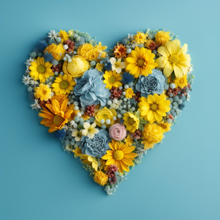 Heart shape made of colorful spring flowers on blue background, top view.  Heart-shaped, yellow and blue  flowers. Art design heart symbol of Valentine's Day.  Valentine's Day holiday. AI generatedの素材