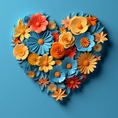 Colorful paper flowers in the shape of a heart on blue background. Heart-shaped, colorful paper flowers. Art design heart symbol of Valentine's Day.  Valentine's Day holiday concept. AI generatedの素材