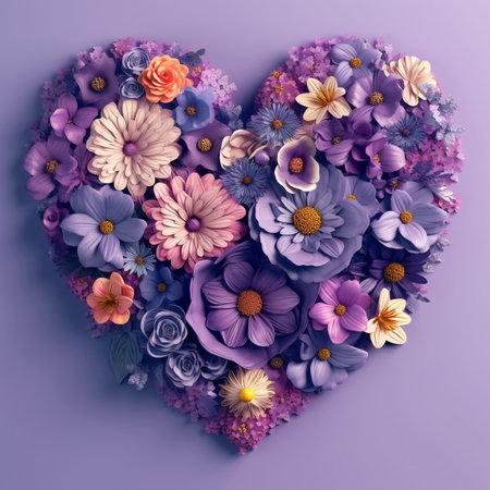 Beautiful heart made of flowers on purple background. 3D illustration. Heart-shaped, purple flowers. Art design heart symbol of Valentine's Day.  Valentine's Day holiday concept. AI generatedの素材