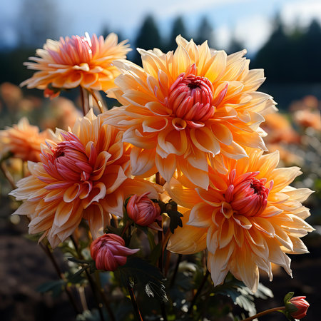 Beautiful illustration of blooming flowers of yellow Dahlia. Beautiful blooming spring flowers, closeup.  Yellow Dahlia outdoors shot in botanical garden. Scenic spring nature with colorful flowersの素材